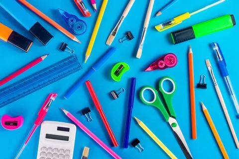 School stationery top view with empty center Stock Photos