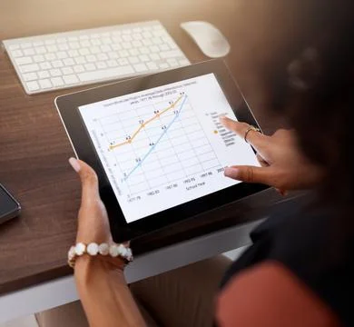 School statistics, tablet and black woman hands looking at data, education Stock Photos