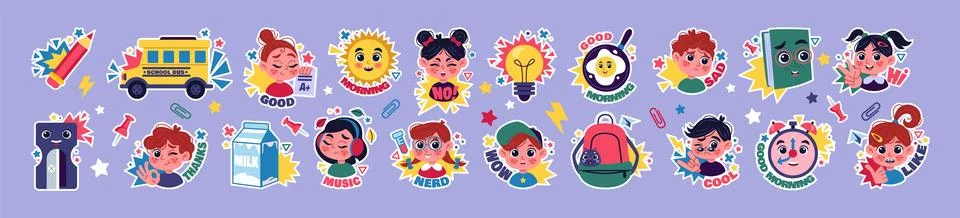 School stickers. Kid learning. Back to science icon. Study doodles. Happy c.. Ilustración de archivo