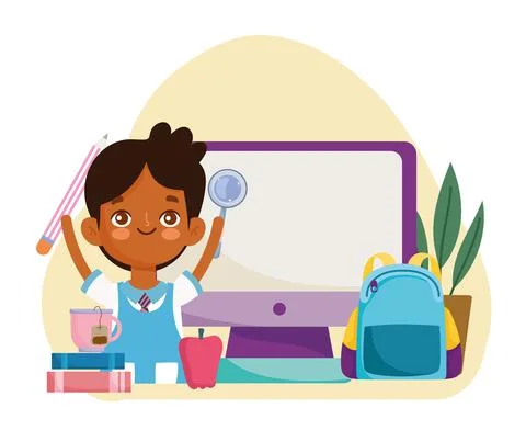 School student boy online class computer education Stock Illustration