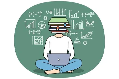 School student boy uses laptop sitting on floor, with laptop on lap and books 스톡 일러스트
