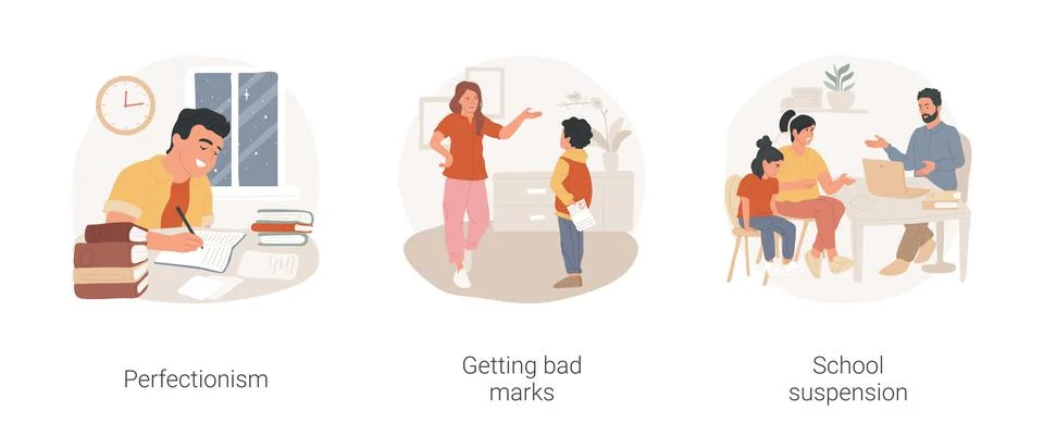 School student problems isolated cartoon vector illustration set. Stock Illustration