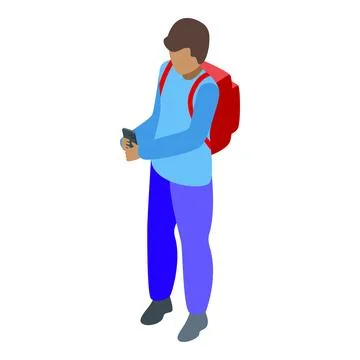 School student using smartphone app while carrying backpack, isometric view Stock Illustration