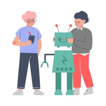School Students Assembling and Programming Robot, Boys Engineers Characters Stock Illustration
