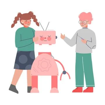 School Students Characters Assembling Robot, Boy and Girl Working on Educational 库存插图