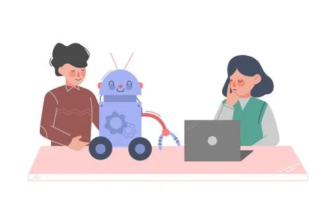 School Students Characters Programming Robot, Boy and Girl Working on Future 스톡 일러스트