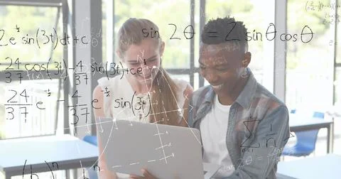 In school, students collaborating on laptop solving complex math equations Stock Illustration