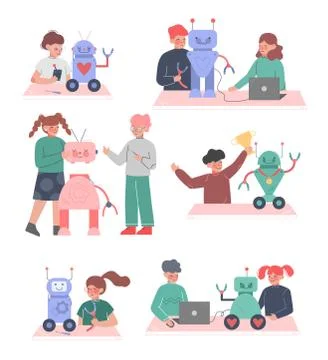 School Students Creating Robots Set, Boys and Girls Engineers Characters Working Illustrazione stock