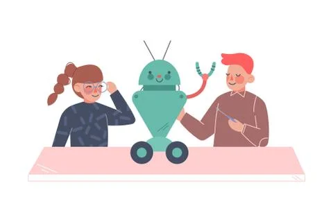 School Students Creating Toy Robot, Boy and Girl Engineers Characters Working on Stock Illustration