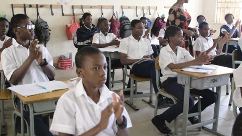 School students learning ,writing and listening to teacher in the classroom 库存影片 250826515