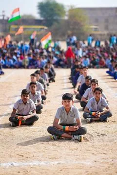 School Students Sitting in Rows During Patriotic Assembly Stock Photos