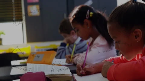In school, students solving math problems with animation of geometric shapes Stock Footage 304648833