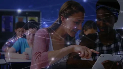 In school, students using tablets with network connections and data sharing Stock Footage 303684517