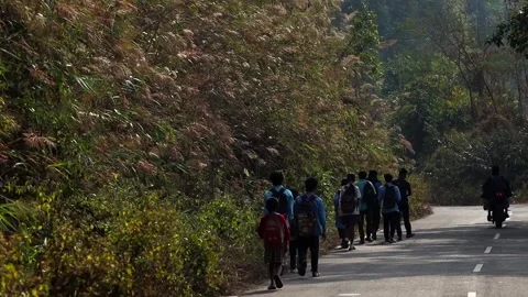 School Students Walking Along Hill Road in Longding Stock Footage 329840167