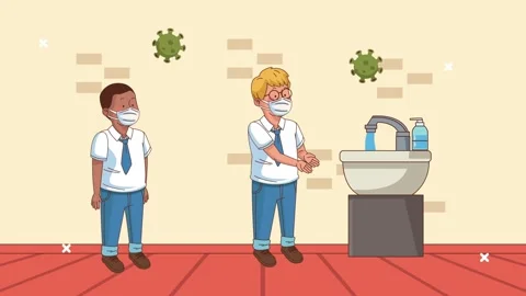 School students wearing face masks washing hands in classroom to prevent vi.. 動画素材 338402014