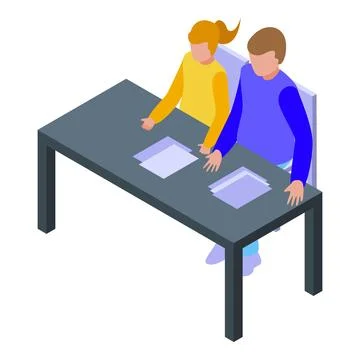 School students working together at one desk isometric view Illustrazione stock