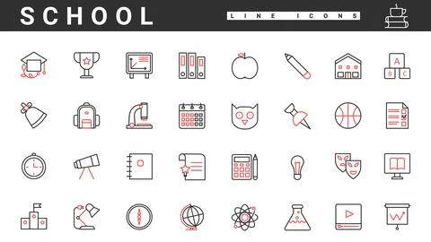 School study, wisdom and knowledge symbols for students thin red and black line Stock Illustration