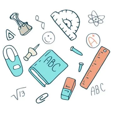 School stuff icon set on white isolated backdrop. Stock Illustration