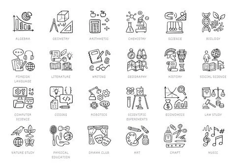 School subjects doodle icon set. Sciences - geometry, math, biology, chemistry Stock Illustration