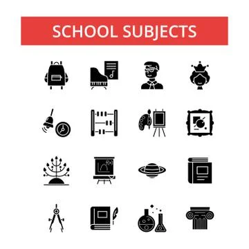 School subjects illustration, thin line icons, linear flat signs, vector symbols Illustrazione stock