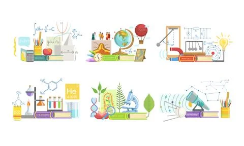 School Subjects Set, Math, Geography, Physics, Chemistry, Biology, Astronomy Illustrazione stock
