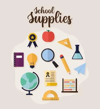 School supplements poster over a beige background Illustrazione stock