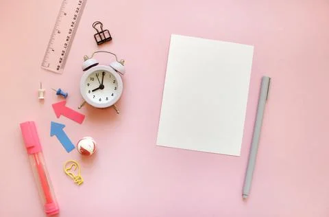 School supples frame on pink background. Flat lay, top view colorful statione Stock Photos
