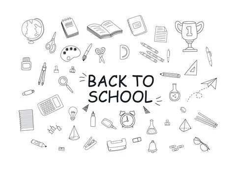 School supplies and creative elements hand drawn, back to school doodle Stock Illustration