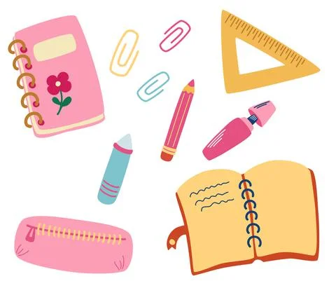 School supplies and items. Office supplies: notepad, book, pencil, case, penc Stock Illustration