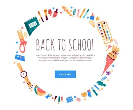 School supplies around circle shape with space for text.Vector illustration Illustrazione stock