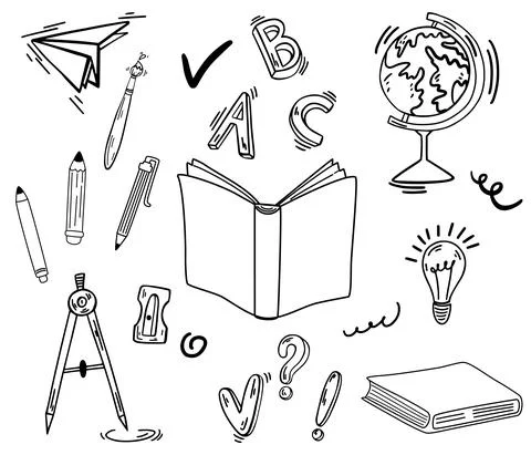 School supplies. Back to school. Big set of doodle line art hand draw school  Stock Illustration