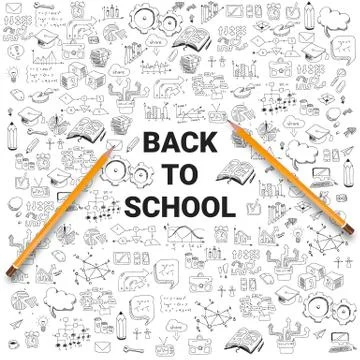 School supplies on the background of drawings. Back to school concept. Modern Illustrazione stock
