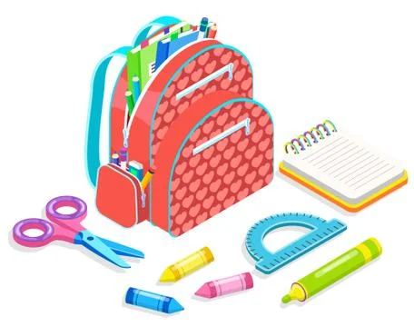 School Supplies, Backpack with Chancellery Vector Illustrazione stock