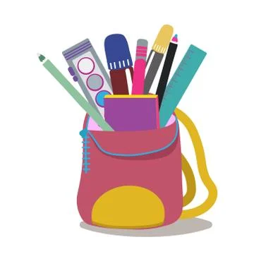 School supplies in backpack on white  background. Stock Illustration