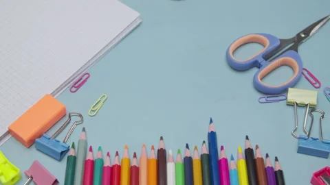 School Supplies Border with Colored Pencils Stock Footage 337882675