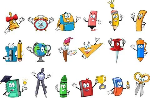School Supplies Cartoon Characters. Vector Hand Drawn Collection Set Stock Illustration