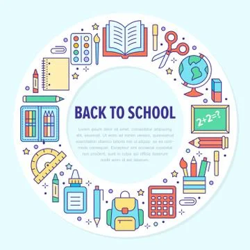 School supplies circle template with line icons set. Study tools poster - globe Illustrazione stock