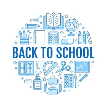 School supplies circle template with line icons set. Study tools blue poster - Stock Illustration