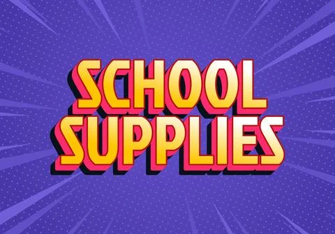 School supplies comic text on purple burst background Stockillustratie