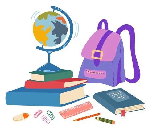 School supplies composition. Books, backpack, textbook, pencils, paper, clips Stock Illustration