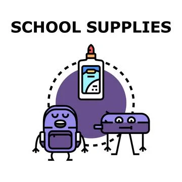 School supplies concept with cartoon backpack and glue Stock Illustration