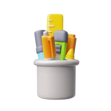 School supplies in container 3D plastic cartoon style vector icon, realistic Stock Illustration