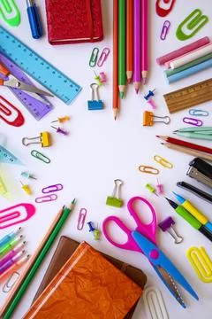 School supplies designed on white surface Stock Photos