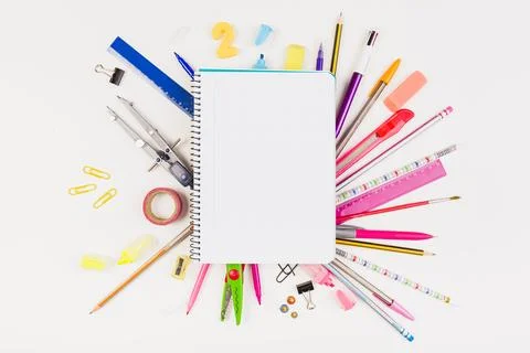 School supplies drawing instruments composition Stock Photos