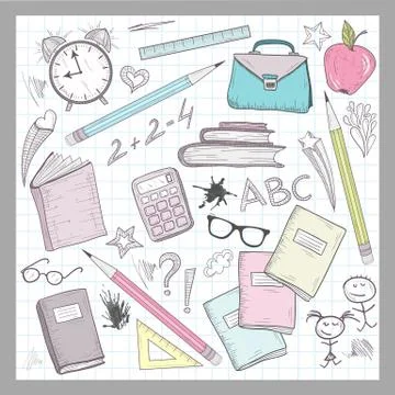 School supplies elements on lined sketchbook paper background Stock Illustration