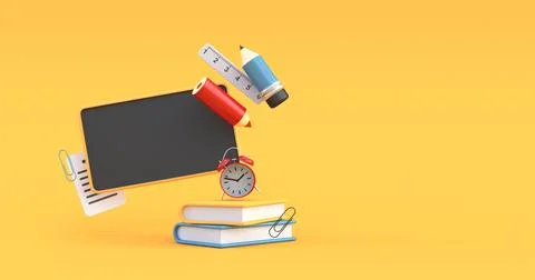 School supplies with empty black board 3d render Stock Illustration