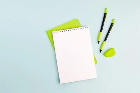 School supplies. Empty notebook, pens, ruler. Back to school. Stock Photos