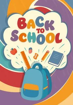 School Supplies Exploding from Backpack in Fun Back to School Poster Stock Illustration
