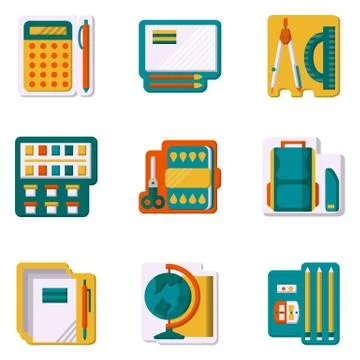 School supplies flat color vector icons Stock Illustration