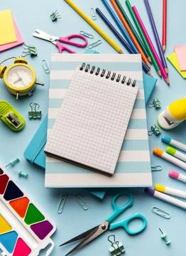 School supplies flat lay preparing for education and creativity Stock Photos
